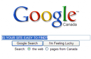 Google Search box with text "Site easy to find?" typed into it.